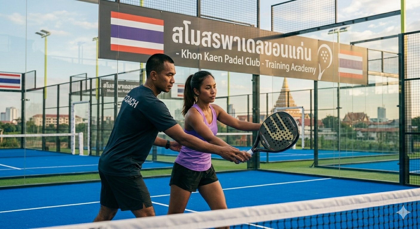 Certified padel coach instructing a player at Padel Isan